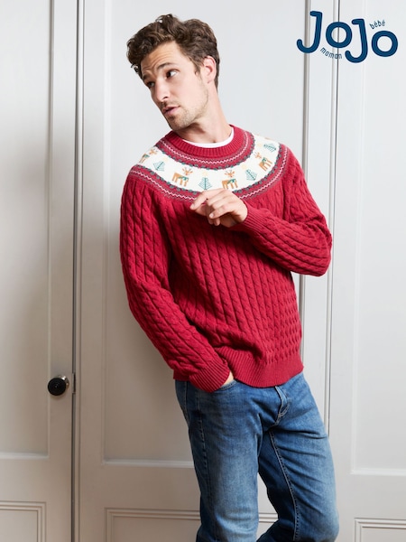 Bright Red - Regular Jojo Maman Bébé Men's Long Sleeve Christmas Reindeer Fairisle Jumper