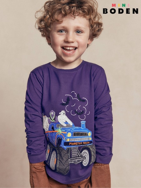 Purple - Boden Halloween Long Sleeve Appliqué T-shirt