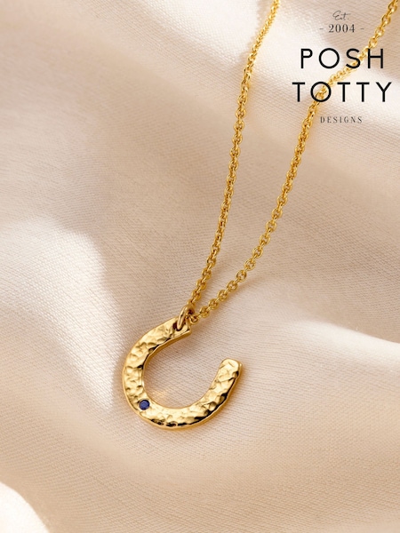 Gold Tone - 18ct Yellow Gold Tone Personalised Birthstone Horseshoe Necklace By Posh Totty Designs