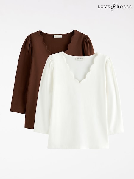 X2 Ivory and Chocolate - Love & Roses 3/4 Sleeve Scallop Top