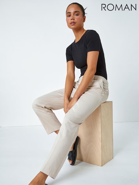 Roman Natural Petite Cotton Blend Tailored Trousers (630047) | £32