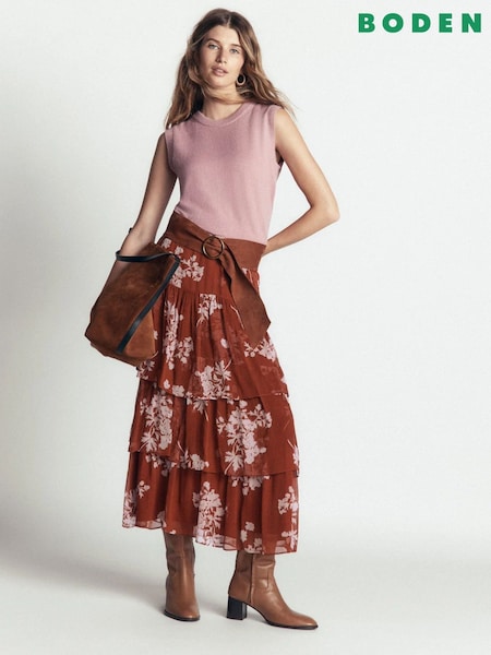 Red - Boden Tiered Ruffle Midi Skirt