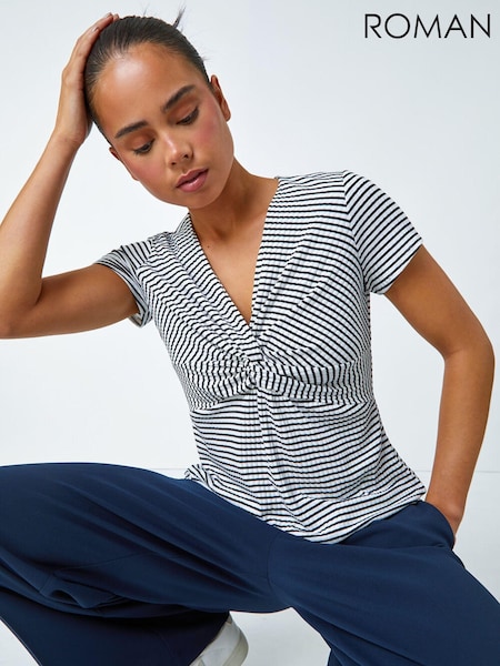 Roman Black Petite Stripe Twist Soft Stretch Top (630361) | £32