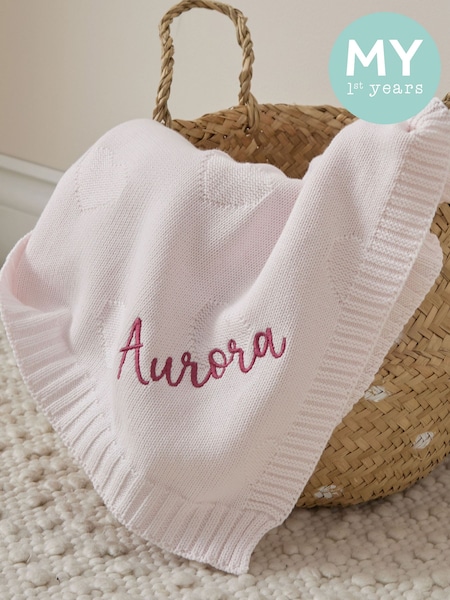 Pink - Personalised Pale Pink Heart Jacquard Baby Blanket