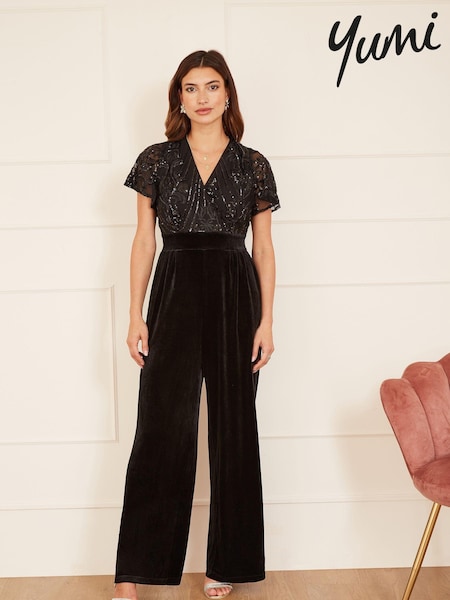 Yumi Black Sequin Embellished Velvet Jumpsuit With Angel Sleeves (631863) | £75