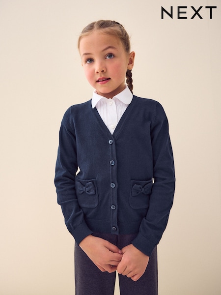 Navy Blue Cotton Rich Bow Pocket School Cardigan (3-16yrs) (631961) | £10 - £15