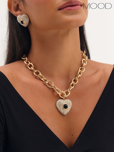 Silver Tone - Mood Gold Plated Pave And Jet Stone Heart Chain Necklace