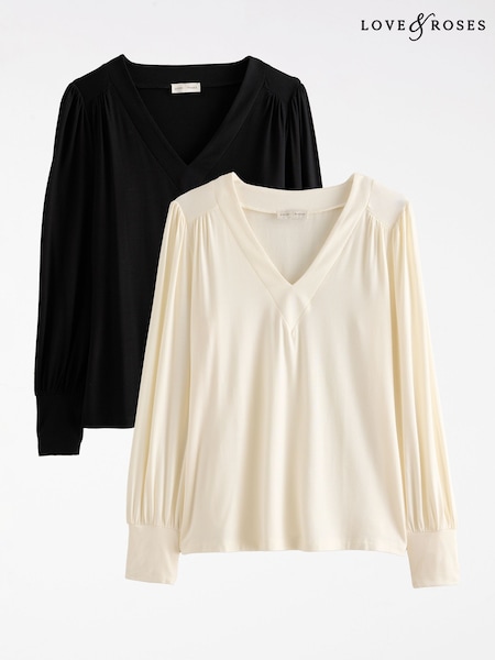 Black and Ivory - Love & Roses Long Sleeve V-neck Top