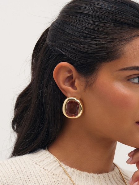 Gold Tone - Mood Gold Plated And Burgundy Stone Statement Stud Earrings