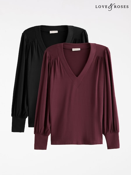 X2 Black and Burgundy - Love & Roses Long Sleeve V-neck Top