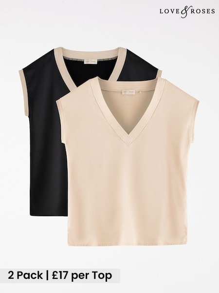 Black and Champagne - Love & Roses V-neck Satin Front Jersey Back Top 2 Pack