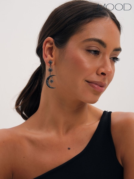 Silver Tone - Mood Jet Crystal Moon & Star Statement Drop Earrings