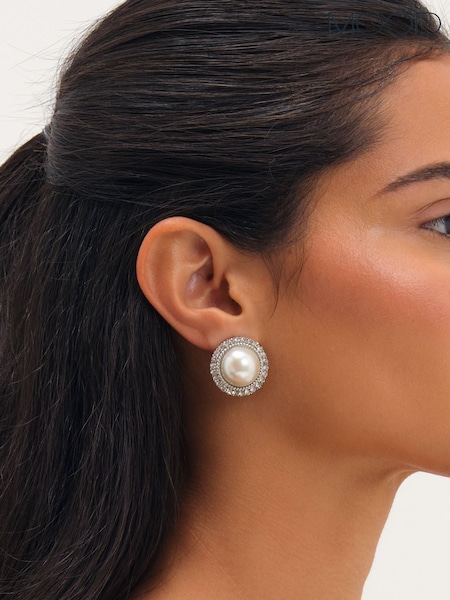 Silver Tone - Mood Rhodium Plated Crystal And Pearl Statement Stud Earrings