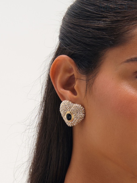 Silver Tone - Mood Gold Plated Pave And Jet Stone Heart Stud Earrings