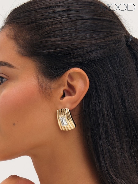 Gold Tone - Mood Gold Plated And Crystal Ridge Statement Earrings