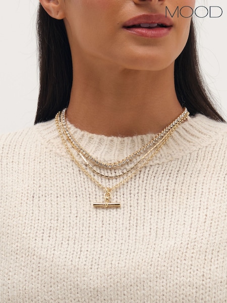 Gold Tone - Mood Gold Plated And Crystal T-bar Necklace