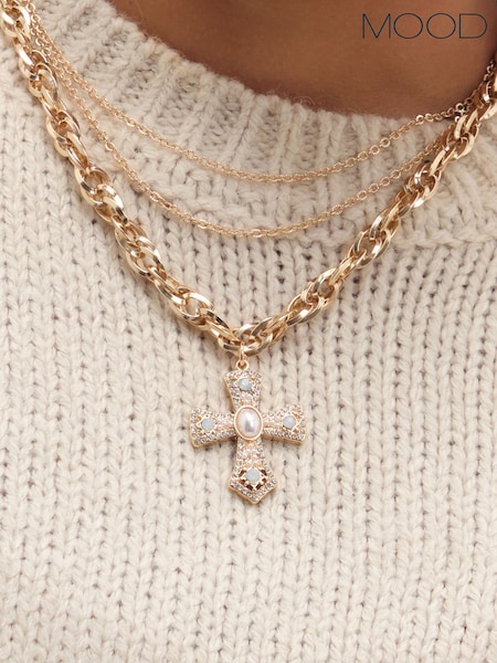 Silver - Mood Gold Plated Multi Layered Cross Necklace