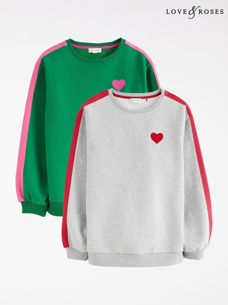 X2 Grey and Bright Green Heart - Love & Roses Crew Neck Sweater
