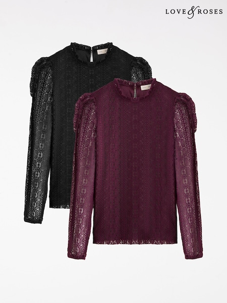 Black and Purple - Love & Roses Long Sleeve Lace Top
