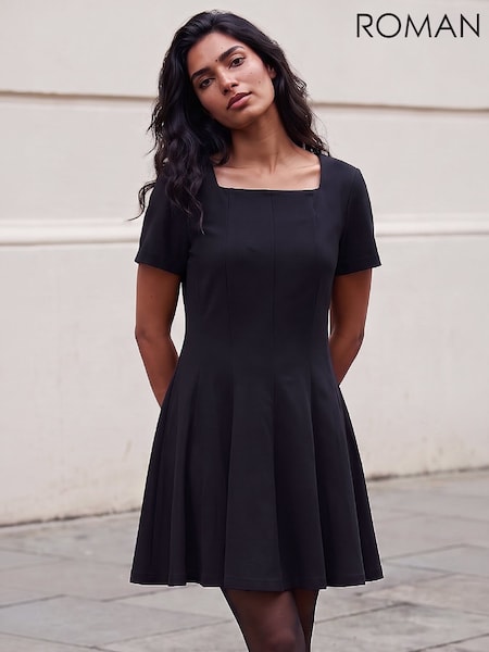 Black - Roman Square Neck Panel Dress