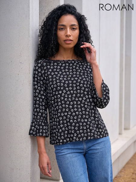 Blue - Roman Ditsy Square Neck Top