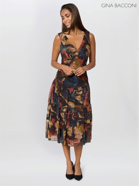 Brown - Gina Bacconi Wenda Floral Midi Dress
