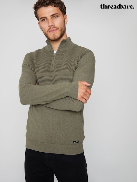 Threadbare Khaki Rib Detail Knitted Quarter Zip Jumper (634191) | £24