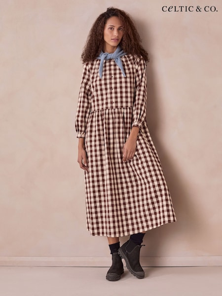 Brown - Celtic & Co. Collarless Gingham Midi Dress