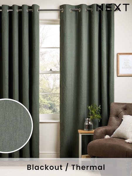 Green Thyme Blackout/Thermal Cotton Eyelet Curtains (638638) | £40 - £105