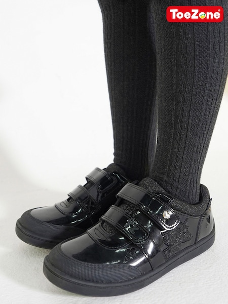 Black - Toezone Kira Rubber Patent Double Rip-tape Unicorn School Shoes