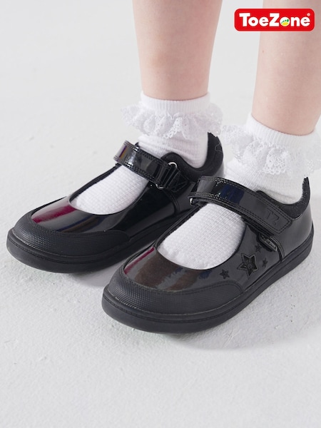 Black - Toezone Zola Rubber Patent Leather Star Rip Tape School Shoes