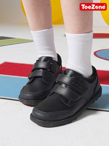 Black - Toezone Tracer Classic Double Rip Tape Leather School Shoes