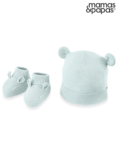 Mamas & Papas Green Knitted 100% Cotton Hat And Booties Set (639538) | £16