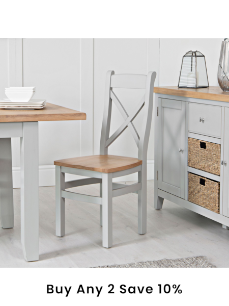 K Interiors Grey Oak Windsor Solid Wood Cross Back Wooden Seat Dining Chair Set of 2 (639683) | £395