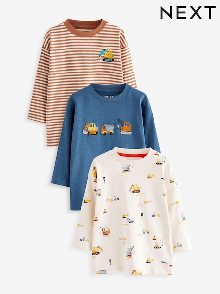 Blue Diggers Long Sleeve Transport T-Shirts 3 Pack (3mths-7yrs) (642504) | £16 - £20