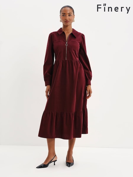 Red - Finery Callie Corduroy Long Sleeve Midi Dress