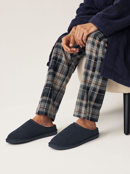 Navy Blue Faux Fur Lined Signature Suede Mule Slippers (642914) | £30