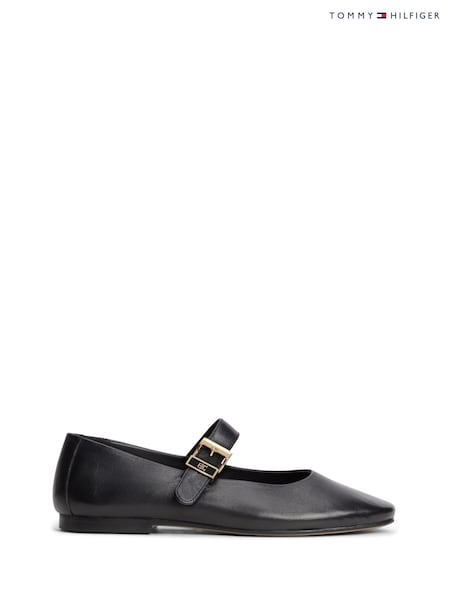 Black - Tommy Hilfiger Leather Buckle Mary Jane Ballerinas