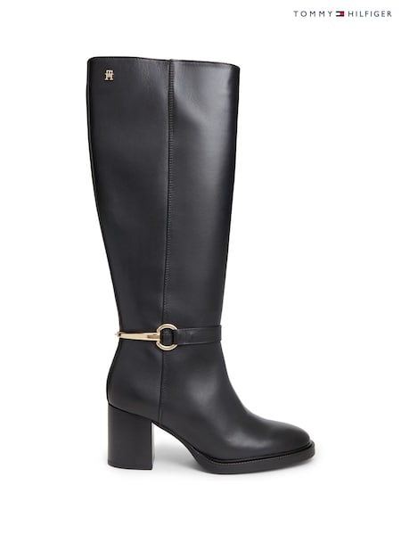 Black - Tommy Hilfiger Leather Block Heel Riding Boots