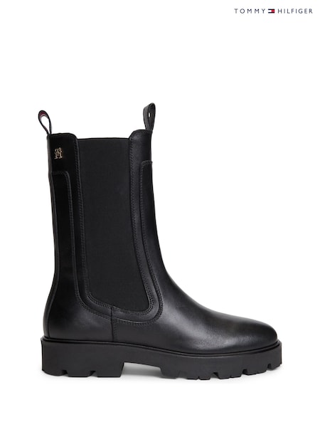 Black - Tommy Hilfiger Leather Cleat High Chelsea Boots