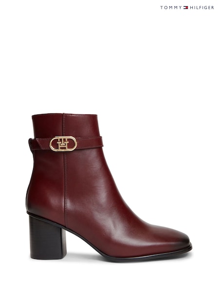 Red - Tommy Hilfiger Leather Buckle Strap Block Heel Ankle Boots