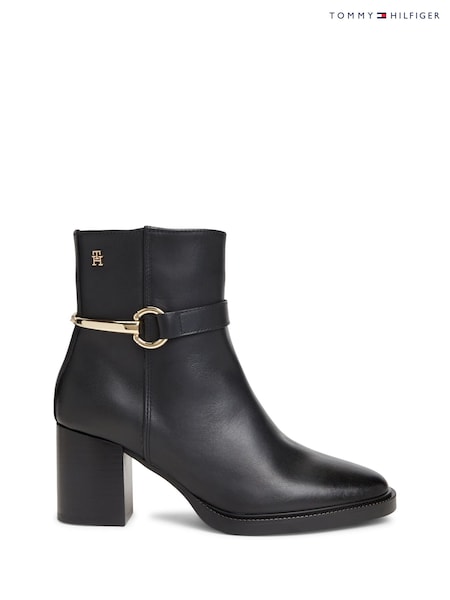 Black - Tommy Hilfiger Block Heel Leather Riding Ankle Boots
