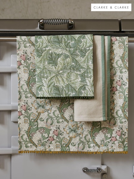Clarke and Clarke Sage Green/Natural Linen/Blush Pink William Morris Designs 100% Cotton Tea Towels Set 3 (644388) | £24