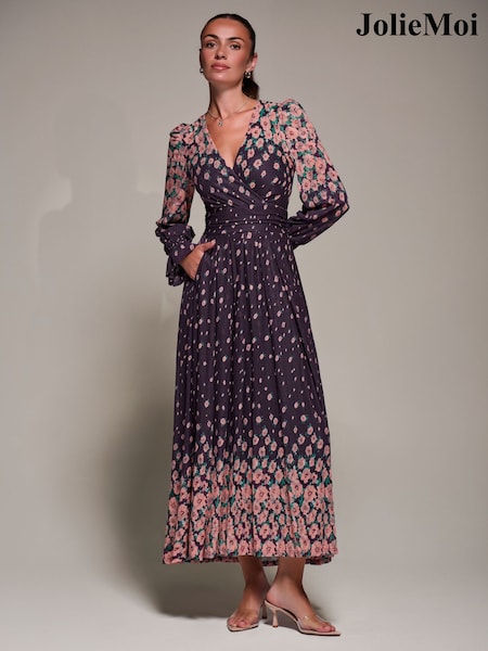 Purple - Jolie Moi Printed Mesh Long Sleeve Maxi Dress