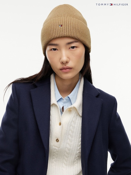 Natural - Tommy Hilfiger Flag Embroidery Beanie With Wool