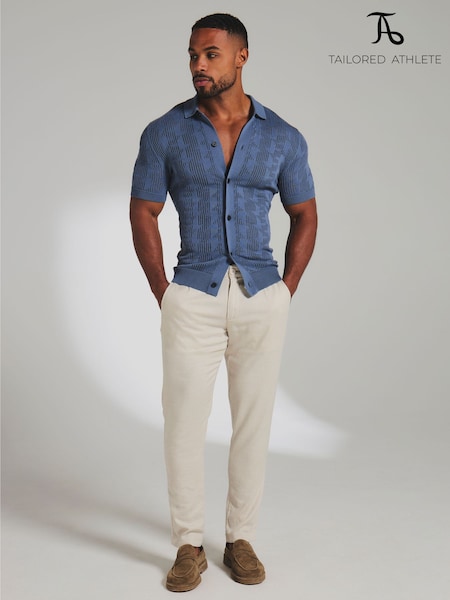 Blue - Regular Tailored Athlete Muscle Fit Geo Crochet Knitted Shirt