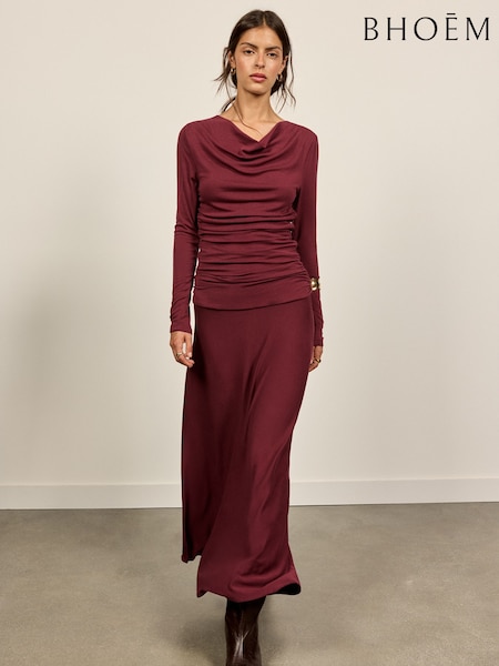 Burgundy Red - Maxi Draped Long Sleeve Dress