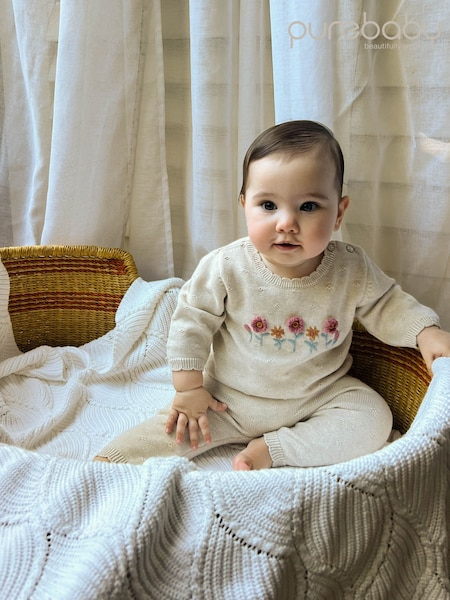 Natural - Purebaby Scalloped Knit Floral Jumper & Leggings Set
