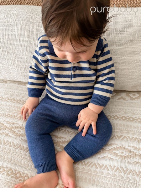 Blue - Purebaby Striped Knit Set Polo Jumper & Leggings Set