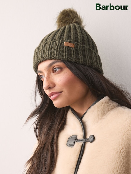 Barbour® Olive Green Saltburn Cable Knit Pom Beanie Logo Hat (646517) | £30